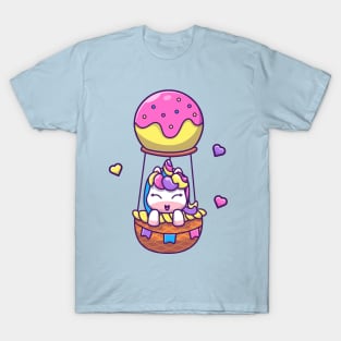 Cute Unicorn Flying With Hot Air Balloon Cartoon T-Shirt